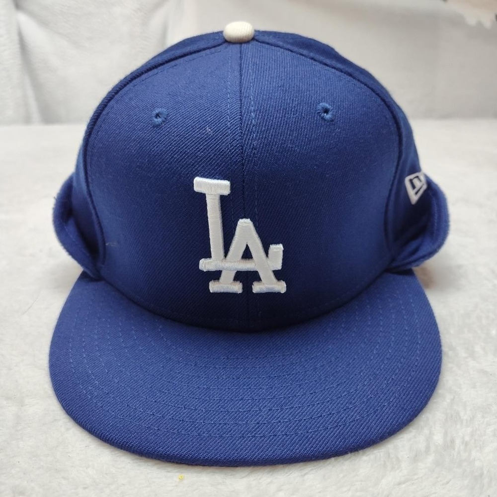 New Era Hat Cap Fitted Men 7 1/4 Los Angeles Dodgers 59FIFTY Wool Blue Ear Flap